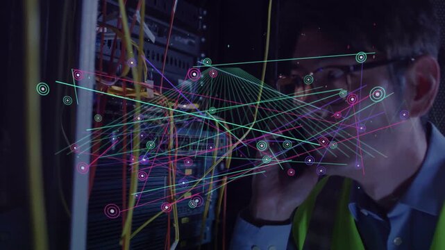 Tech checking rack on call, AR overlay starting and mapping yellow cables for network diagnosis