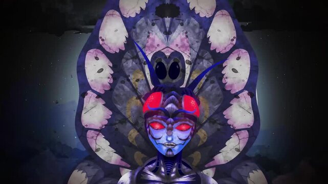 mothman winged humanoid creature spreading insect wings under full moon in dark night