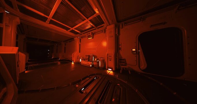Industrial repair scene, Hightech service station setting, Charging docks and shadows in repair bay, Red lit workshop with industrial shadows and hightech tools