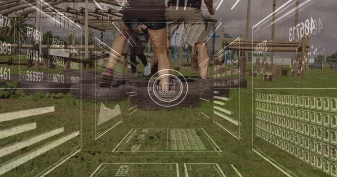 Two runners starting tire row, third passing, low rear filming feet, HUD tracking steps for fitness