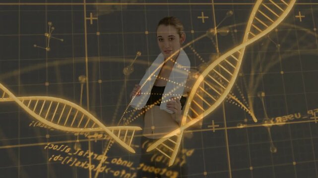 Fitness model turning and wiping forehead after workout, golden DNA helix crossing torso and face