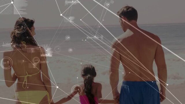 Parents and child walking to ocean, mother pointing to horizon, drawing father, tech HUD overlaying