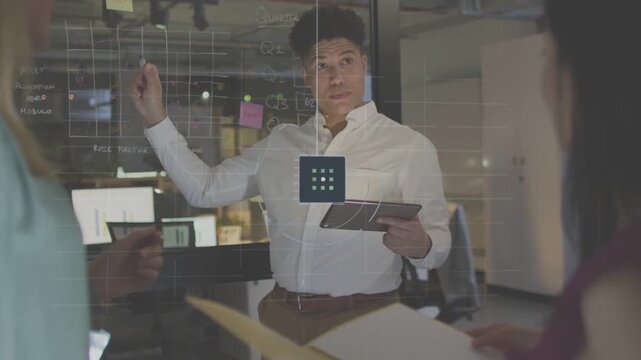Presenter tapping glass cell and pointing, HUD expanding into network visualizing project plan