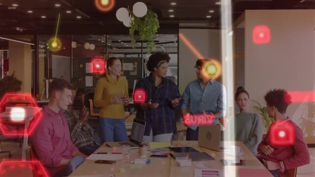 Central trio standing and debating box, animated red HUD appearing and guiding business meeting