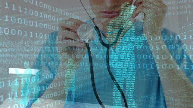 Doctor holding handset and checking stethoscope starting telecare binary overlay guiding exam