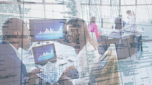 Woman typing tablet in office colleague pointing comparing chart for business code overlay shifting