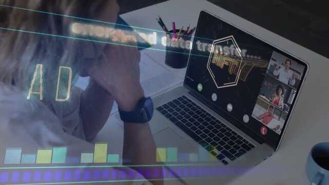 Woman watching laptop on encrypted data receipt, overlays sliding, verifying NFT transfer in tech