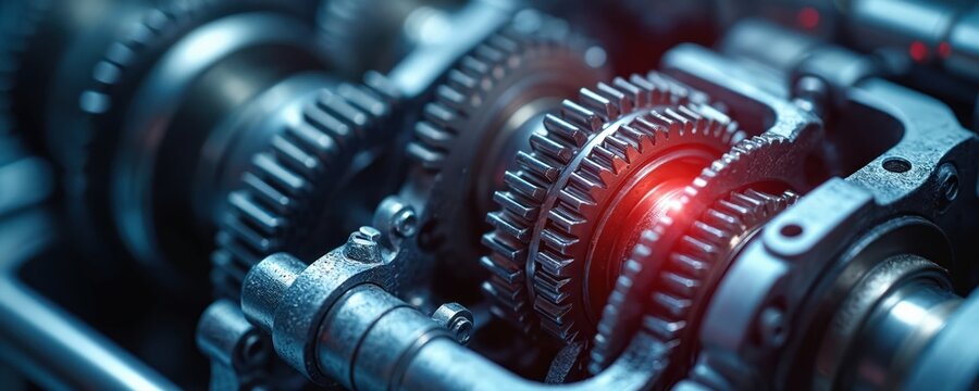 Close up of car transmission gearbox with interlocking metal gears. Precision engineering creates complex mechanical systems for power transfer and speed control in automotive tech.
