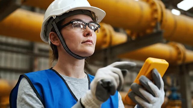 Man in hard hat using tablet.
