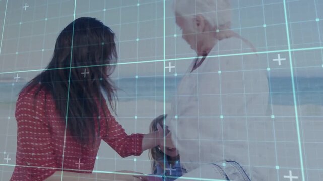 Senior reaching mother passing child at shore for parenting purple balls appearing grid overlaying