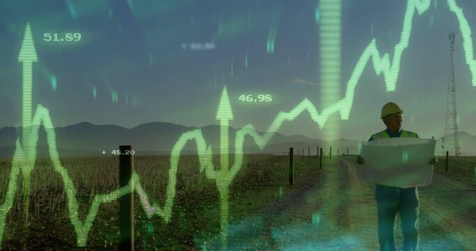 Animated chart appearing, field worker walking holding plan tying turbine to rising energy data
