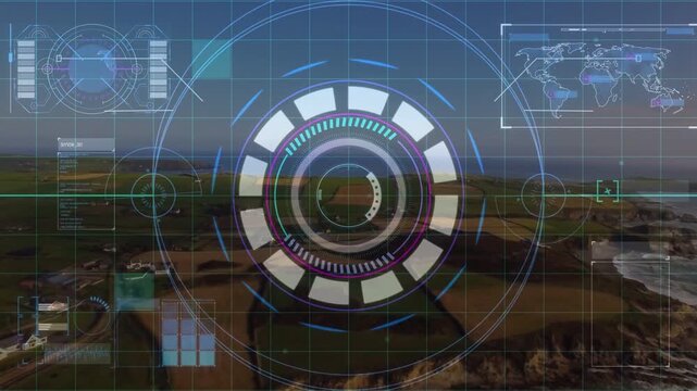 Activating central circular HUD after startup, expanding over coastal fields for crop monitoring