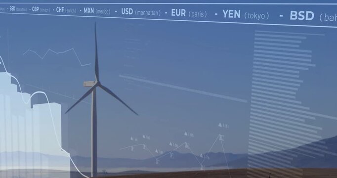 Vertical video: Turbine rotating, FX ticker appearing and charts animating, showing finance data
