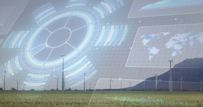Displaying wind turbines showing rotating circular HUD, map panels, grid lines at grassy plain