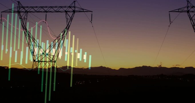 Bar visualizer emerging left edge rising spreading over steel tower silhouette showing grid data