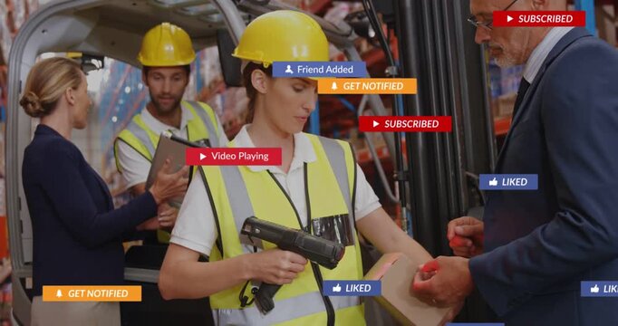 Vertical video: Woman warehouse tech scanning parcel for inventory causing animated icons over team