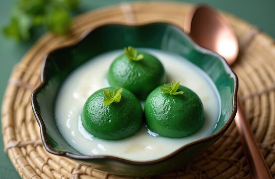 Green glutinous rice balls filled with brown sugar rest in coconut milk porridge. Served in a decorative bowl, these sweet Indonesian treats are a popular dessert.