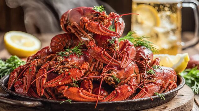Delicious Boiled Crawfish Feast with Lemon and Beer.