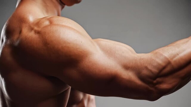 Closeup of a Muscular Mans Bicep Flexing During Workout.