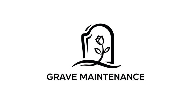 Grave Maintenance Logo: Tombstone with Rose and Wavy Lines