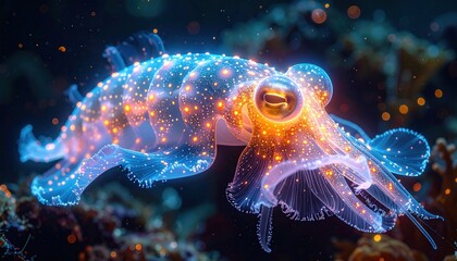 Obraz premium Luminescent sea creature with glowing spots in the dark ocean, over coral
