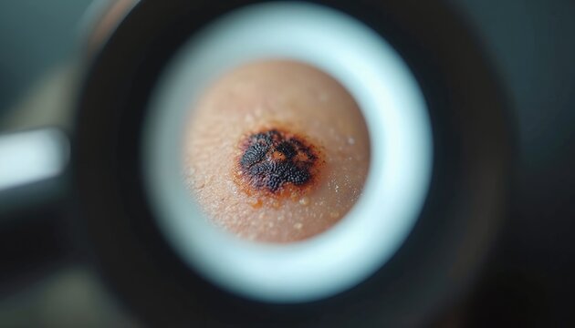 Macro view of mole on skin examined with dermatoscope light. Doctor checks abnormal spot for cancer or melanoma. Medical skin screening for health.