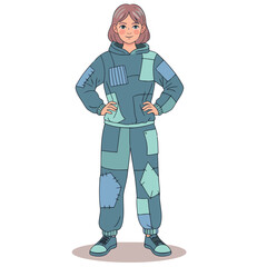 Obraz premium Teen creative model showcases recycled fashion in a studio setting. Bold patchwork design, modern style, and confident pose. Ideal for sustainable fashion campaigns.