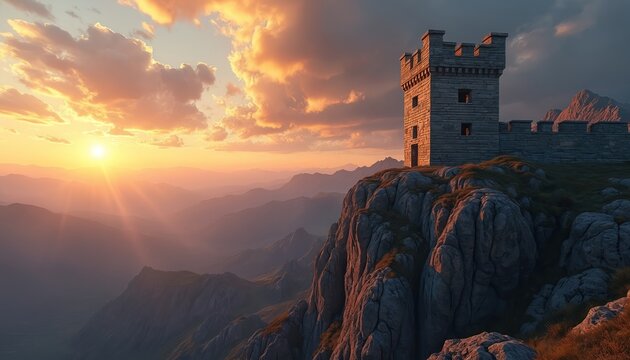 Stone watchtower on mountain cliff during sunset. Layers of mountains under dramatic sky. Panoramic landscape view from ancient fortification. Castle ruins.