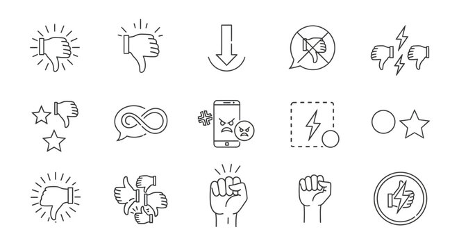 Modern Collection of Dislike and Negative Feedback Line Icons, Expressing Disapproval, Anger, and Frustration Concepts