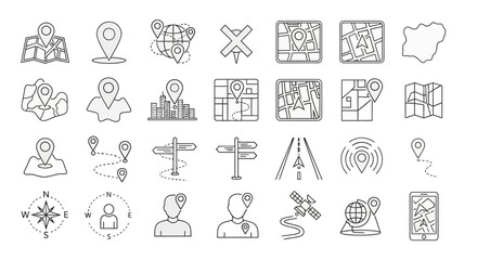Fototapeta premium Collection of Navigation and Location Icons Maps, GPS, Pins, and Directional Symbols