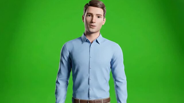 A simple and clean 3D animated male avatar in a blue shirt, presented on a green screen background. Great for presentations, explainer videos, or corporate animations.