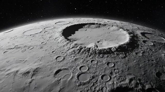 Realistic 3D rendering of a moon surface with craters and a starry night backdrop with detailed textures