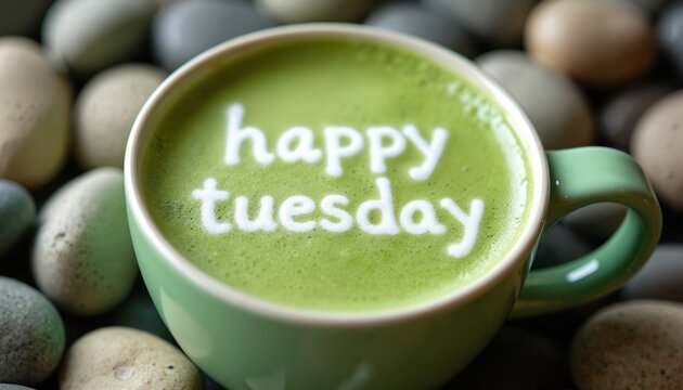 Green matcha latte with happy tuesday message in frothy foam. Smooth pebbles surround mug. Morning beverage for lifestyle, wellness, and motivation.