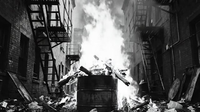 Dramatic black and white shot of burning barrel surrounded by trash and fire escapes in a narrow alleyway