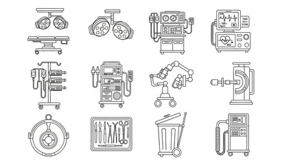 Fototapeta premium Collection of Medical Equipment Icons, Including Surgical Instruments, Diagnostic Tools, and Hospital Furniture for Healthcare Services