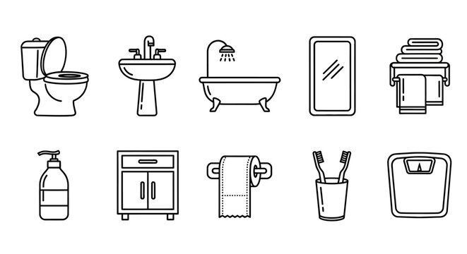 Set of bathroom icons including toilet, sink, bathtub, mirror, towels, soap dispenser, cabinet, toilet paper, toothbrush holder, and scale