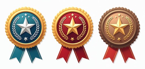 Collection of gold star badges for first second third place. Medals with ribbons show achievement. Awards for winners best performance and top honors.