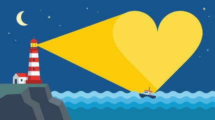 Fototapeta premium Vector illustration of a lighthouse shining a heart-shaped beam of light over the sea