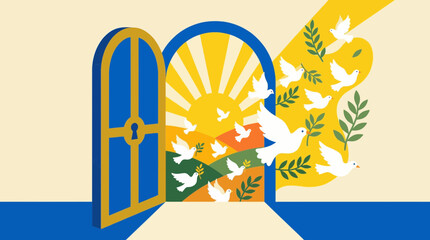A symbolic door opening to a bright landscape filled with peace doves and sun