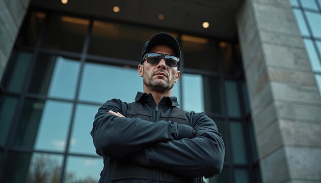 Man in black clothes, sunglasses stands with arms crossed near modern office building. Security guard looks serious, watchful, imposing. Wears cap, tactical vest. Confident stance outside business