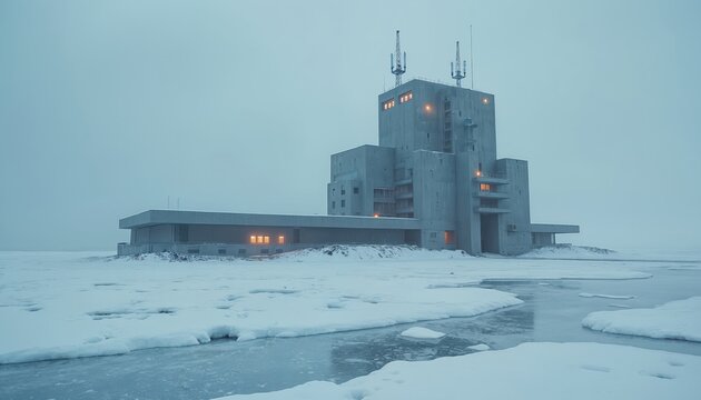Imposing concrete structure stands isolated in frozen arctic landscape. Cold weather, ice, snow surround building with tower, antennas. Minimalist, stark architecture suggests solitude, mystery.