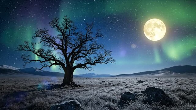 Tranquil night scene with a lone tree silhouetted against a vibrant aurora borealis and a full moon