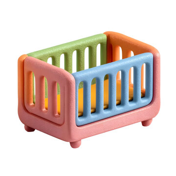 A colorful toy crib with a yellow mattress designed for playtime or nursery decor presented in a 3D render style against a white background