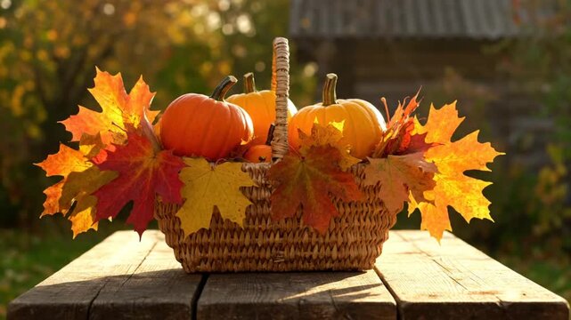 Cozy autumn still life with pumpkins and colorful maple leaves inside of a woven basket on a rustic wooden table