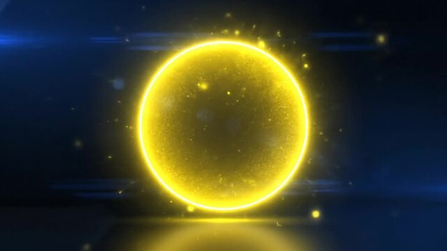 Bright glowing yellow sphere with outline and particles floating against dark blue background