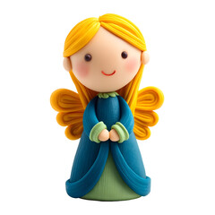 Fototapeta premium A charming handmade clay angel figurine with yellow hair and a blue dress set against a clean white background