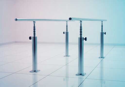 A set of metallic parallel bars sits on a polished clinic floor, designed for gait training and physical rehabilitation in a bright room, equipment, assistance, path