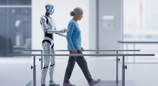 A sleek humanoid robot assists with gait rehabilitation exercises using metallic parallel bars within a bright, modern clinical environment, indoor, automated, healthcare