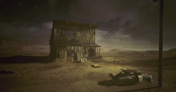 Ominous clouds looming over broken shack and empty road, dramatic lighting and windblown debris suggest impending storm and tense atmosphere.