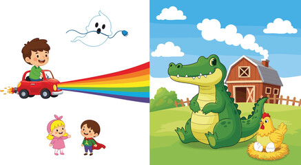 Obraz premium Kids imagination scene with rainbow car ghost and farm crocodile with chicken nest cartoon vector illustration set
